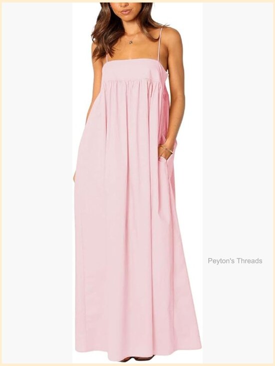 Dresses & Skirts - Backless Spaghetti Strap Maxi Dress with Pockets Casual Loose Cutout